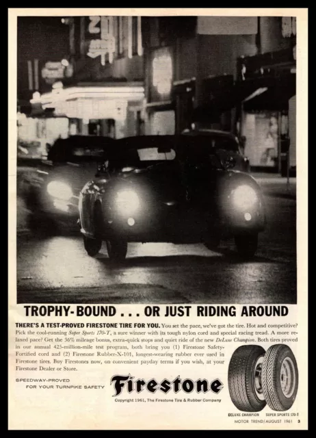 1961 Firestone DeLuxe Champion Super Sports Tires Trophy Bound Vintage Print Ad
