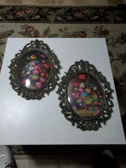 Vintage Brass Oval Ornate Convex Bubble Glass Floral Flower Picture Frame Italy