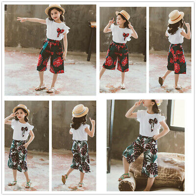 2 Piece Kids Girls Summer Suit Set Leaves Print Top + Long Pants Casual Outfits