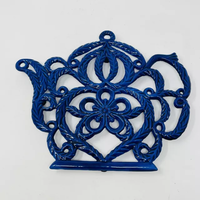 Cast Iron Trivet Cobalt Blue Teapot Shape Enameled Rubber Footed Vintage Cottage