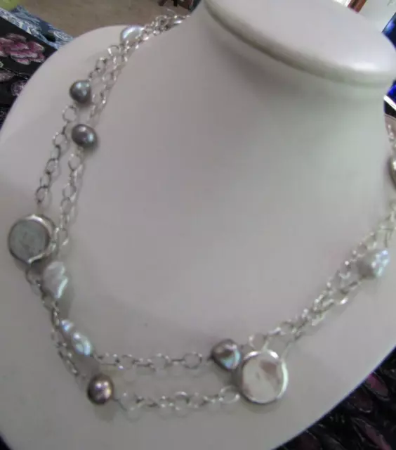 Long Sterling Silver Bead Disk Grey White Pearl Chain Necklace 33"