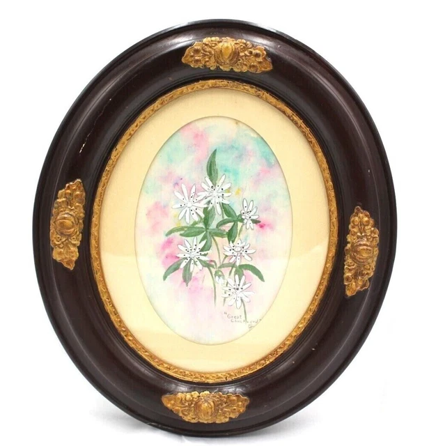 Early 20th Century Americana Water Color Painting in Oval Frame Floral