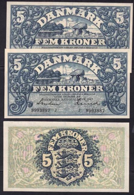 D#85 Dänemark Denmark P 30 i: 5 Kroner 1943: 3 Stück dealer wholesale lot