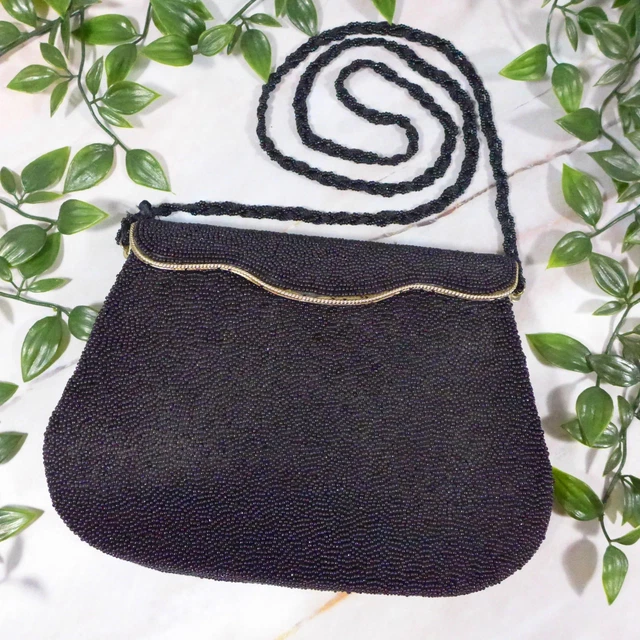 Vintage Joli Noir Perlé Or Tons Accents Épaule Sac Porte-Monnaie 9.5cm x 14cm