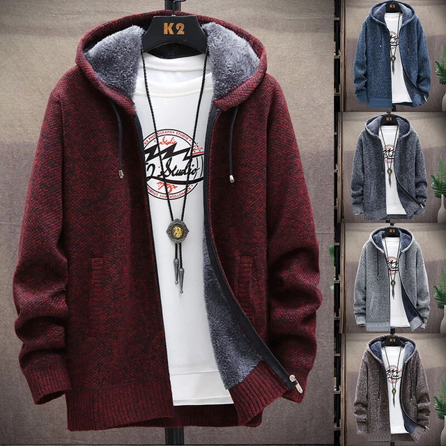 Men Drawstring Thick Warm Fleece Lined Hoodie Zip Coat Jacket Sweatshirt Tops