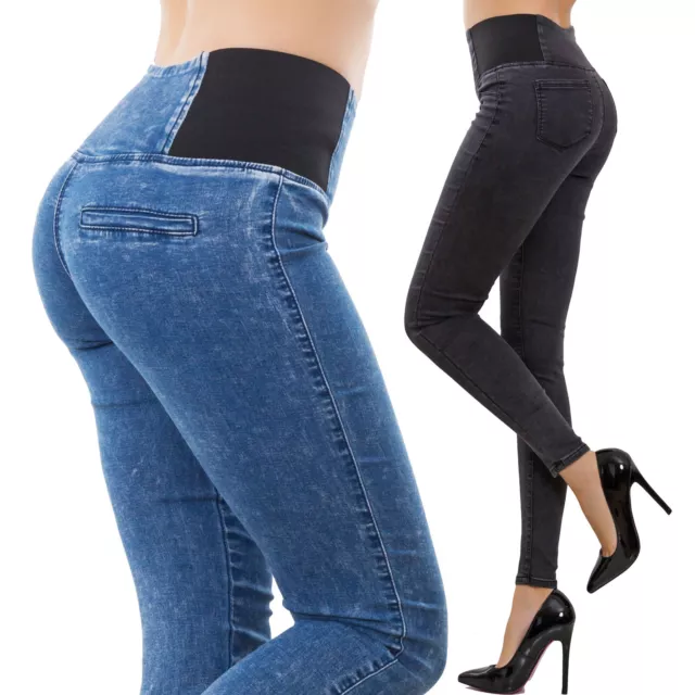 Jeans donna vita alta pantaloni jeggings skinny slim aderenti sexy nuovi W0330