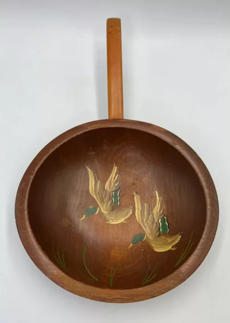 Munising Painted Mallard Ducks Wooden Footed Handle Bowl Vintage