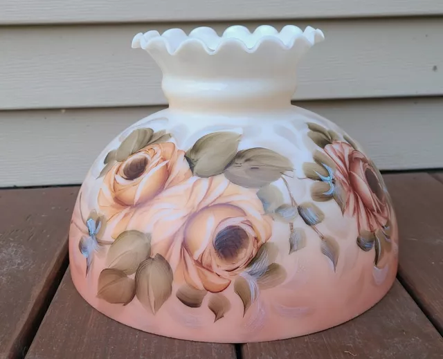 Vintage Hand Painted White Milk Glass Lamp Shade w/ Peach Roses 11 3/4" fitter