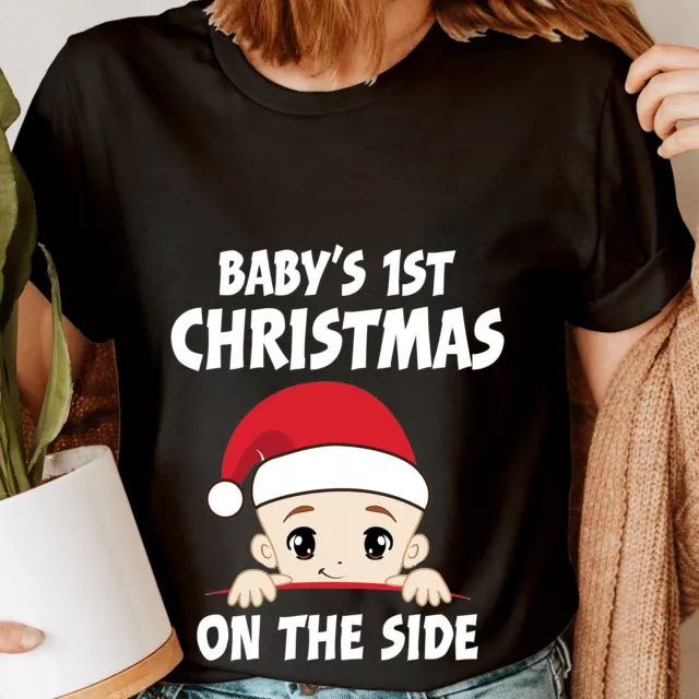 Babys 1st Christmas On The Side Maternity Pregnancy Funny Womens T-Shirts #DNE