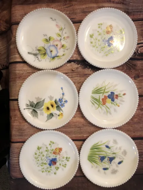 Set Of 6 Vtg Westmoreland Milk Glass Plate Hand Painted Floral Beaded Edge 7.5”