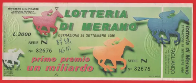Biglietto Lotteria Di Merano Anno 1986 Con Tagliando