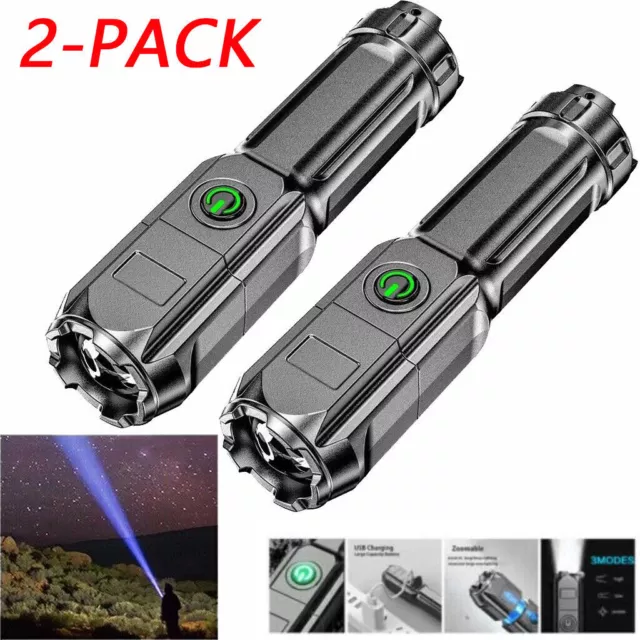 2 Pack LED Super Bright Flashlight Rechargeable Torch Tactical Lamp USB+ Battery