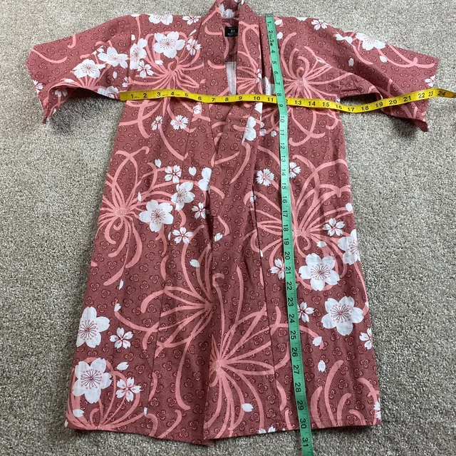 Midori Girls Japanese Kimono Robe Floral Coral Pink Cotton Yukata 30 in 3