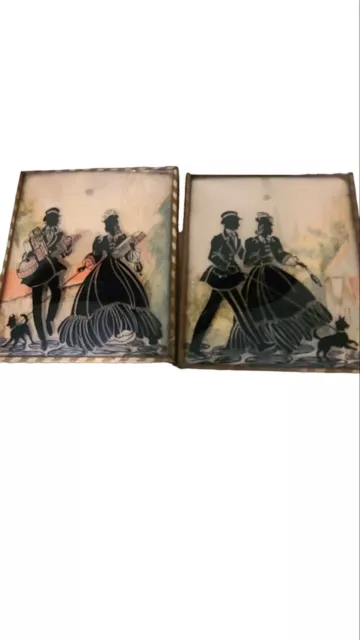 Vtg Pair of Reverse Painted Convex Glass Silhouette Pictures