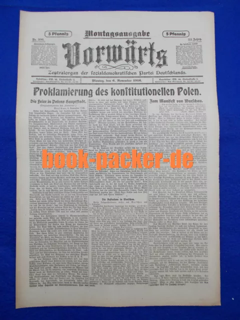 VORWÄRTS (6. November 1916): Proklamierung des konstitutionellen Polen