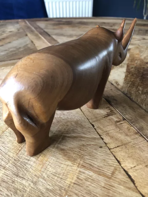Vintage Hand Carved Solid Brown Wooden Wood Rhino Rhinoceros Figurine Ornament 3