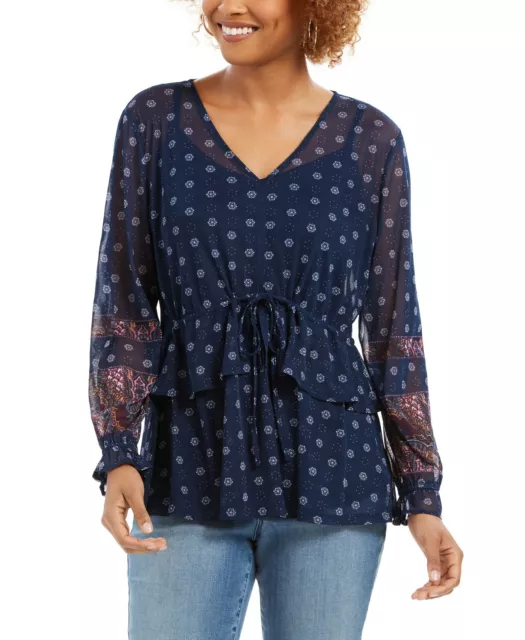 New Style & Co. Tiered Top Size XS Baby Doll Blue Stars Drawstring Waist Blouse