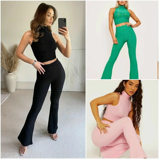 Donna Testurizzato Top Corto & Svasato Set Pantaloni Maniche Coordinato Riposo