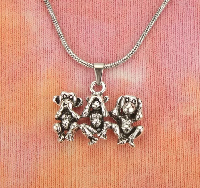 3 Three Wise Monkeys Necklace, See Hear Speak No Evil Proverb Charm Pendant Gift