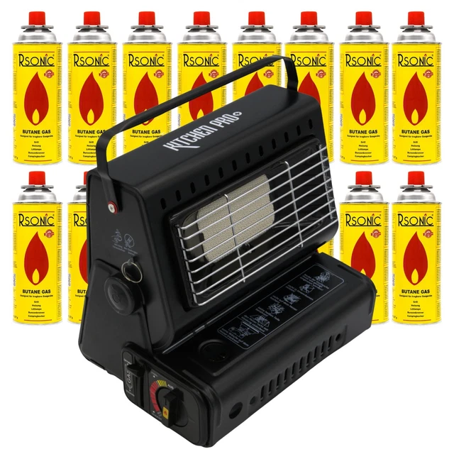 2in1 Tragbare Gasheizung Gaskocher Gas  Keramik + 16 x Gaskartuschen 1,3KW Camp