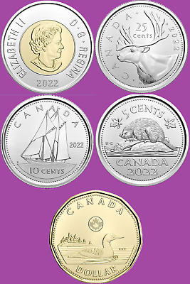 Complete Set of 5 2022 Canada Coins $2 $1 25c 10c 5c Mint UNC Loonie Toonie