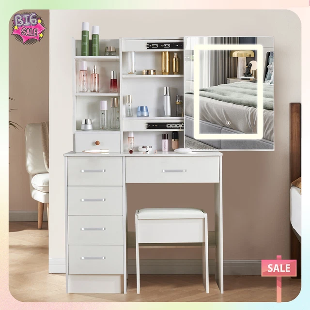 White Dressing Table With LED Makeup Desk MDF w/ 4 Drawers Bedroom Modern