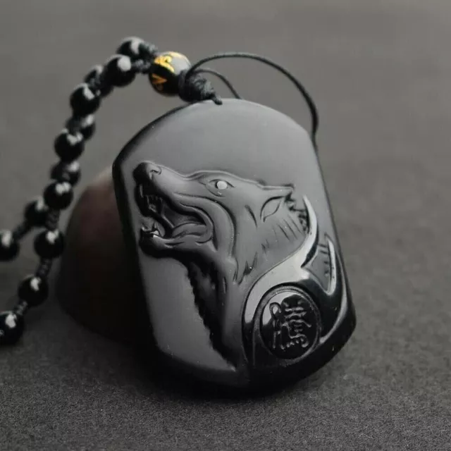 Natural Black Obsidian Carving Wolf Head Amulet Pendant Necklace Lucky Jewelry A