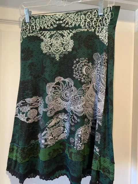 Desigual Sz M Floral Embroidered Flare Skirt in Shades of Green