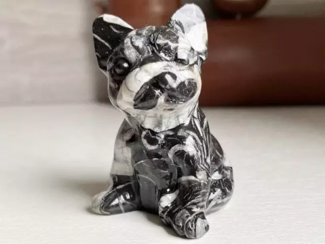 TOP!!!2.2" Natural Fossil Hand Carved French Bulldog Quartz Crystal Skull 1pc