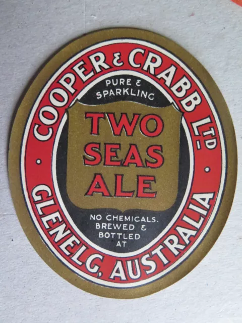 COOPER & CRABB TWO SEAS ALE HOTEL BEER LABEL 1940s GLENELG SOUTH AUSTRALIA