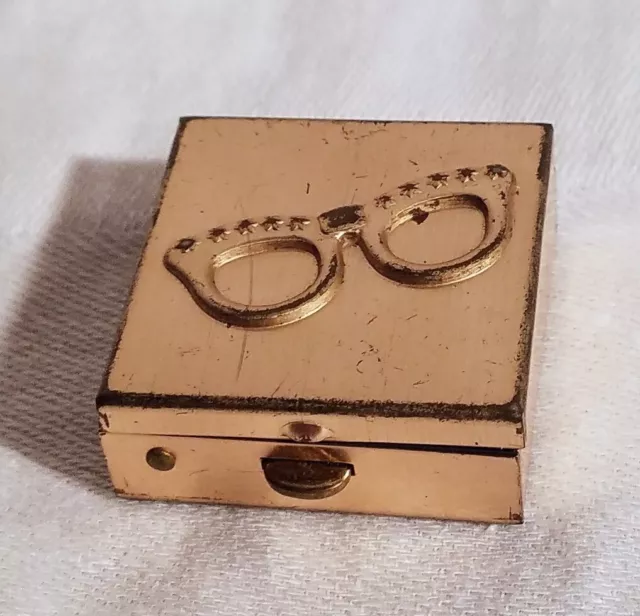 Vintage Metal Brass Pill Box w/ Retro Glasses Raised Decoration Square. Push Lid