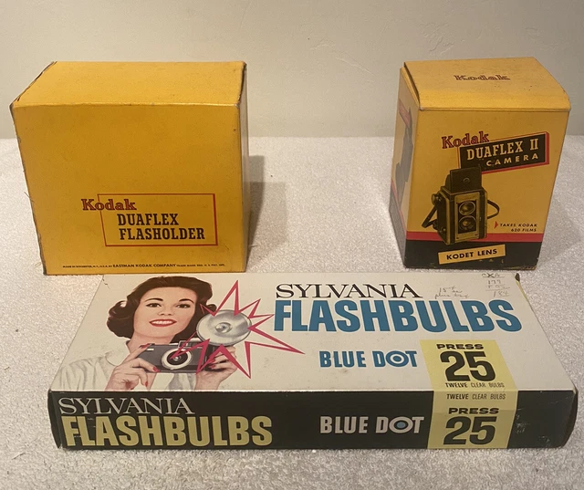 2 cámaras vintage Kodak Duaflex II con soporte para frascos Kodet bombilla Sylvania en caja