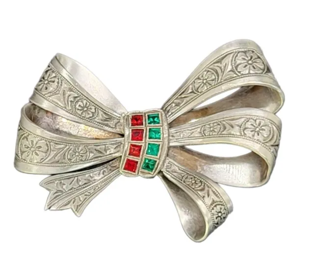 Antique Ornate Ribbon Bow Sliver Stamp CPD Red & Green Rhinestone Brooch Pin