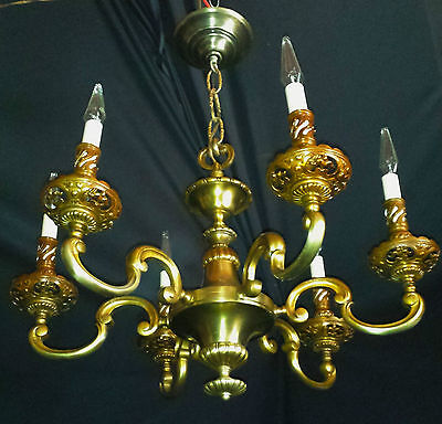 Vintage Deco Era Victorian Solid Cast French Brass chandelier light fixture.