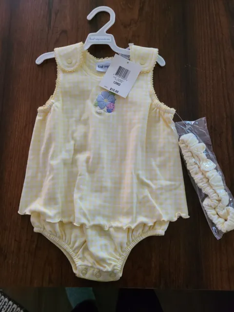 First Impressions Baby Girl SUNSUIT 12M Yellow Cotton Knit  W/ HEADBAND NWT