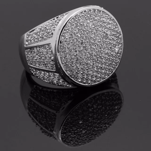 Men HQ Silver Plated Round Side Cubic-Zirconia Hip Hop Ring Sizes 7-12