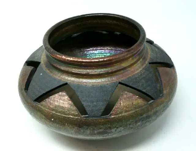 Studio Art Pottery Raku Fired Large Bowl Signed Iridescent Cut Out Pattern
