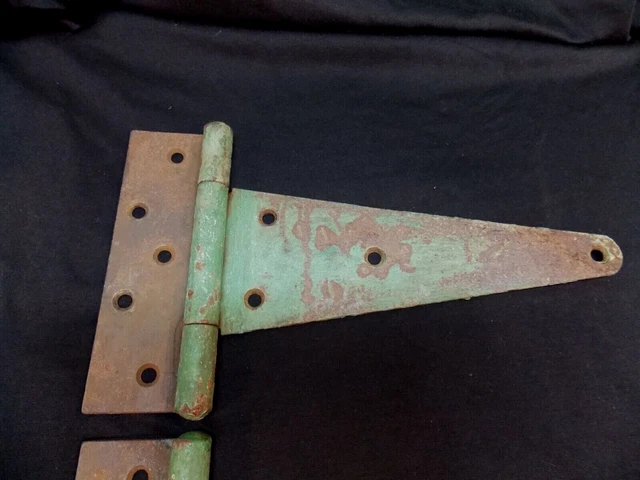 2 vtg 10" T strap hinges Rusty Farm gate barn 12" overall Lrg pair Green paint 3