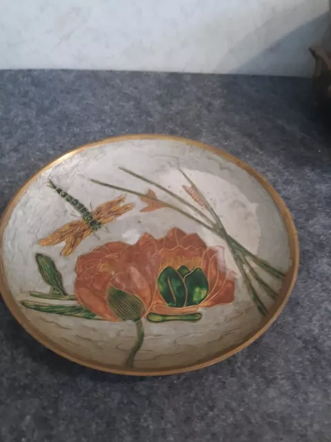 Vintage Solid Brass Dish with Enameled  Dragonfly and lily Design wall Hanging