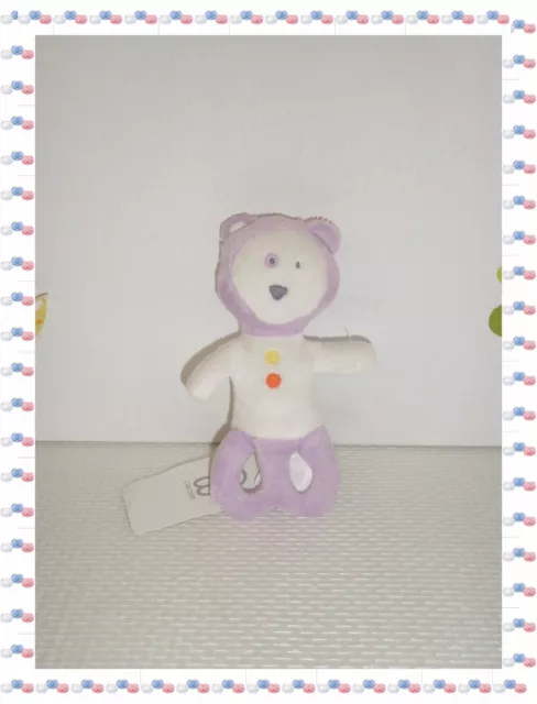 $ - Doudou Peluche Semi Plat Hochet Lion Mauve  Blanc Grelot  Obaibi