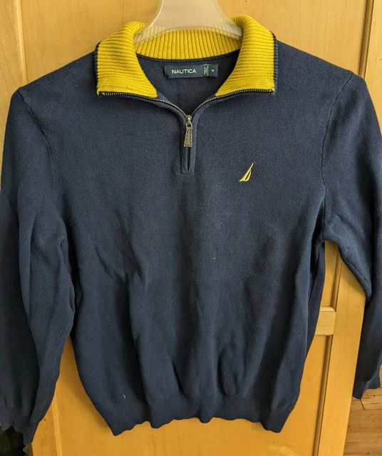 Nautica Long Sleeve Cardigan Style Sweater Blue Yellow Size Medium  Cotton