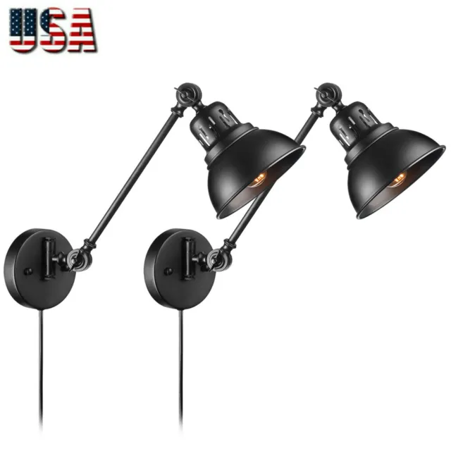 Set of 2 Swing Arm Wall Sconce Wall Lamp Industrial Black Plug in Cord Light