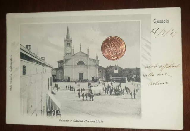 Cartolina d'epoca paesagg Italia Lombardia Cremona Gussola Pzza Chiesa Parrocch