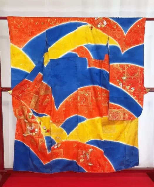 Japanese Kimono “Furisode” Pure Silk/Blue/Yellow/Orange/Flower/Traditional
