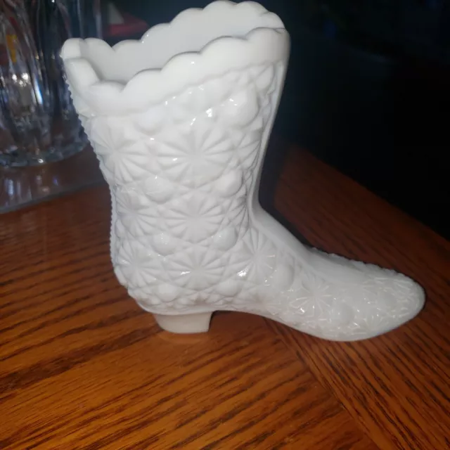 Fenton Glass Boot ~ White Milk Glass ~ Daisy and Button High Top Boot