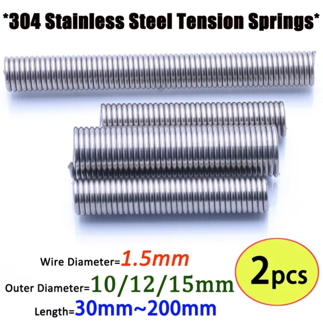 2PCS Stainless Steel Tension Spring 1.5mm Wire Extension Spring Long 30mm~200mm