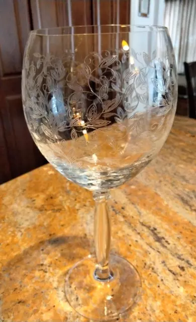 Pier 1 Eliza Crystal Wine Glass Goblet Etched Leaves 8.25" Tall