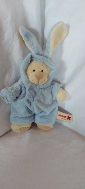 Doudou peluche Ours beige deguise Lapin Bleu NICOTOY  TBÉ 25 cm