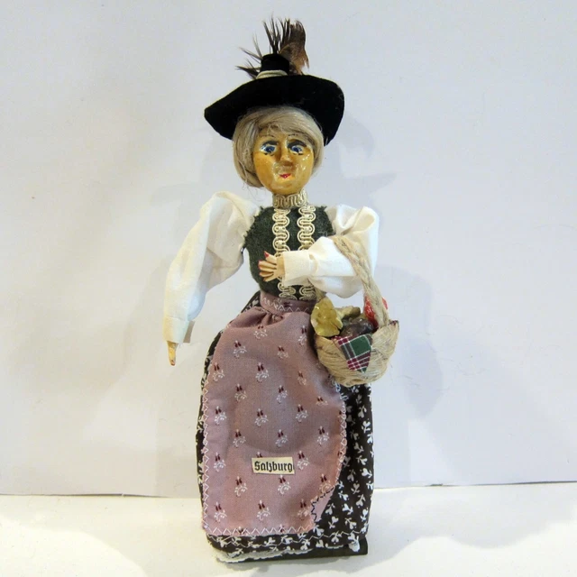 SALZBURG AUSTRIA FOLK ART ANTIQUE DOLL - Woman Mushroom Gatherer - 9" tall