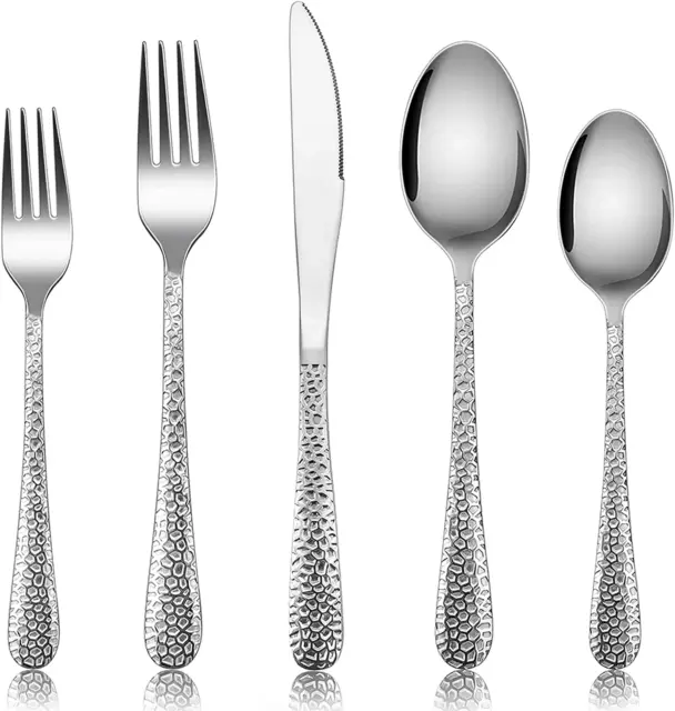 Hammered Silverware Set for 8, E-Far 40-Piece Stainless Steel Flatware Cutlery S